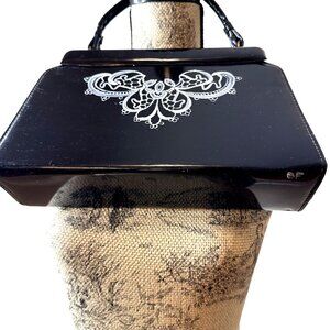 VTG Women Black Patent Leather Purse Hand-painted White Front Signed Gold Clasp